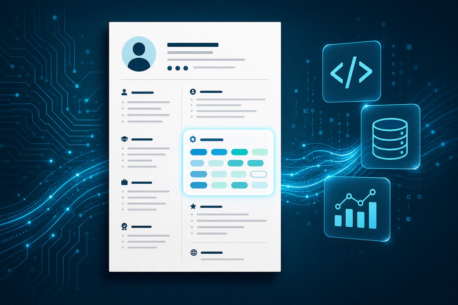 Illustration of a CV with a highlighted Skills section and technical tool icons against a circuit-board background